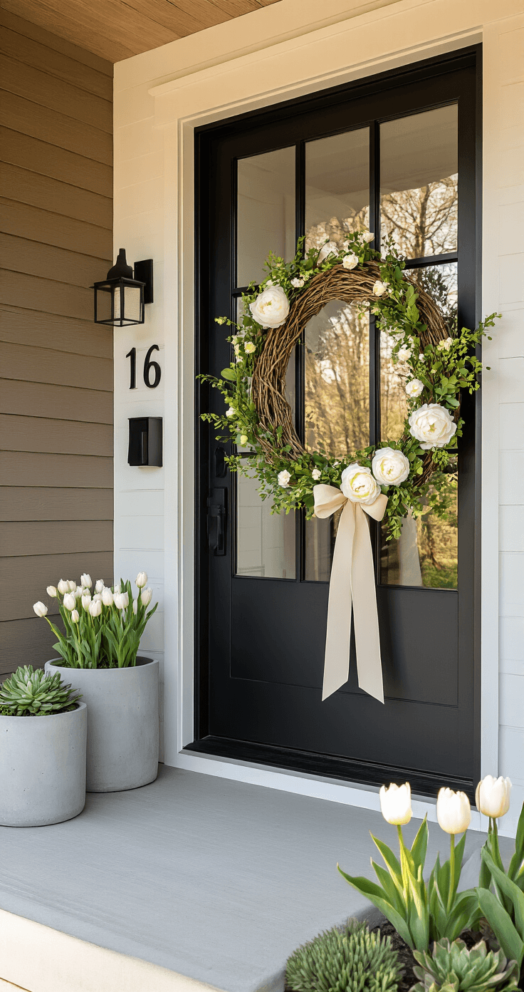 Modern farmhouse entryway featuring a minimalist spring wreath on a black steel and glass front door, enhanced by golden hour lighting that highlights the decorative elements, including a grapevine wreath with peonies and ranunculus, a textured concrete porch, and architectural succulents in planters.