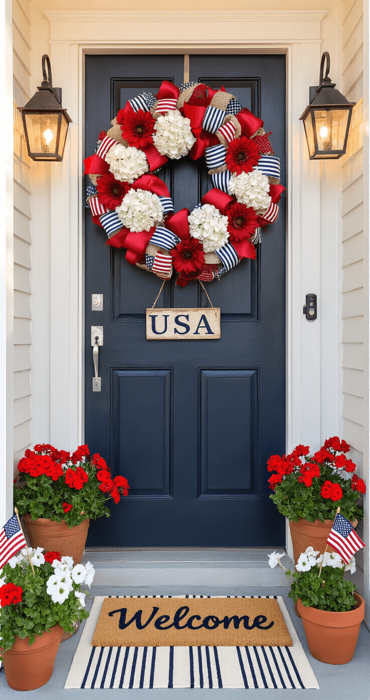 Elegant front door with a patriotic wreath during golden hour, featuring a 24-inch grapevine wreath adorned with red satin, white burlap, navy striped ribbons, white hydrangeas, and red dahlias. Off-center 'USA' sign, dark navy door, black lanterns, terra cotta planters with red geraniums and white petunias, and small American flags. Striped navy doormat reads 'Welcome' with warm light casting shadows on the wood siding.