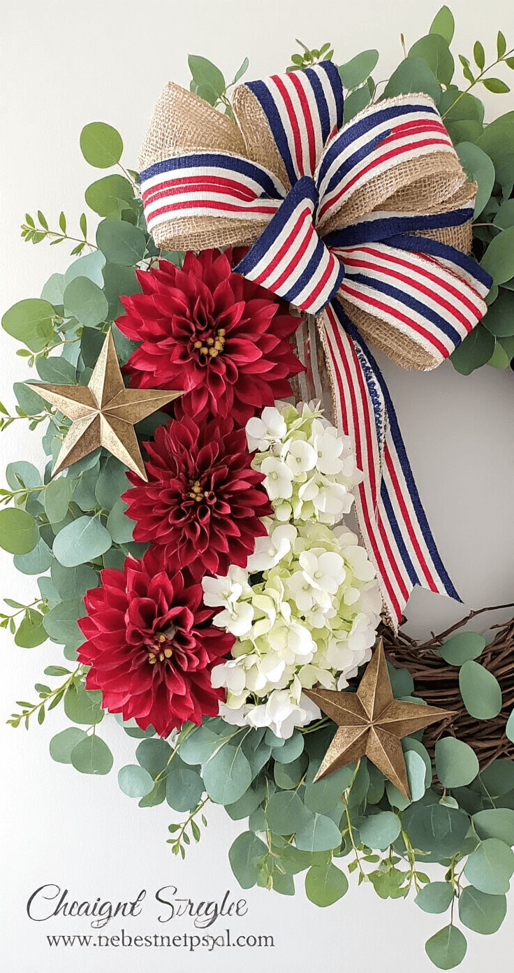 Close-up detail shot of a patriotic wreath featuring a grapevine base adorned with layered ribbons, red silk dahlias, white hydrangea clusters, and antique brass star picks, all illuminated by soft morning light to highlight texture and depth.