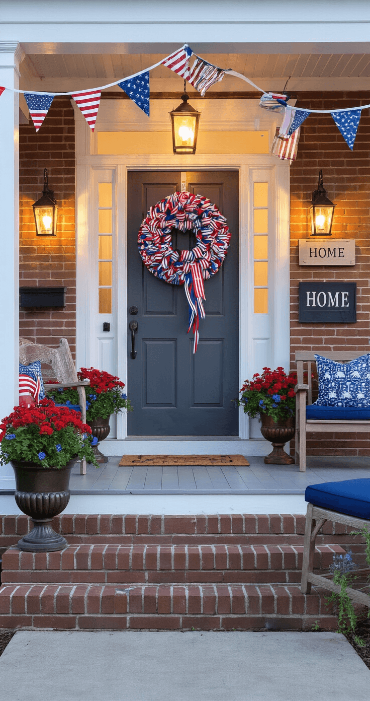 Wide shot of a patriotic front porch styled for the early morning blue hour, featuring a red, white, and blue mesh wreath on a charcoal gray door, black lanterns with LED candles, large bronze planters with red salvia and blue lobelia, a navy-cushioned wooden bench, vintage flag print bunting along white railings, brick steps, a 'Home' vertical porch sign, and twinkling string lights, all set against a traditional colonial-style home.