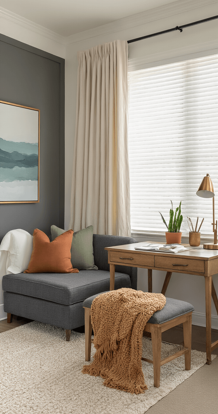 A cozy spare bedroom featuring a charcoal linen sleeper sofa with sage and terracotta boucle throw pillows, a warm oak writing desk with a brass lamp, and a jute area rug, all illuminated by golden hour light.