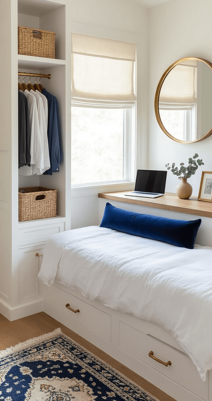 A bright morning scene in a compact guest office featuring a white oak daybed with crisp white linen bedding and a navy velvet lumbar pillow, a floating walnut desk with a laptop and brass picture frame, a large round brass-framed mirror reflecting window light, and a built-in walnut wardrobe. Soft natural light bathes the warm white walls, complemented by sheer linen curtains and a small Persian-style rug.