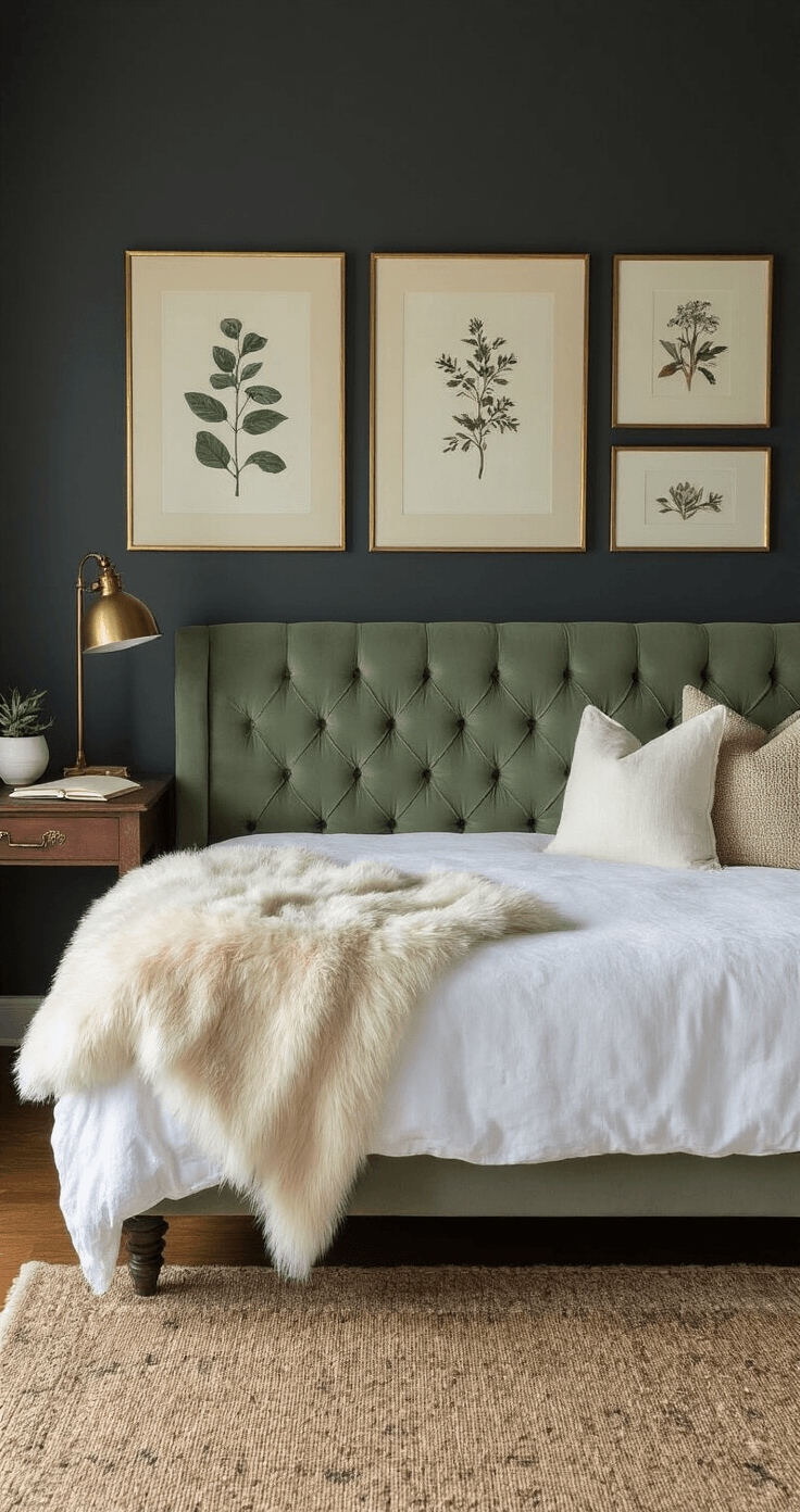 Cozy dual-purpose room at dusk featuring a sage green velvet daybed, gallery wall of botanical prints, vintage-inspired writing desk, and warm lighting, creating an inviting atmosphere for work and relaxation.