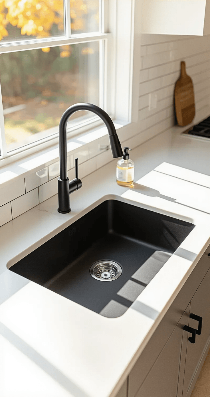 A modern minimalist kitchen showcasing a sleek undermount black granite composite sink integrated into white quartz countertops, accented by a matte black pull-down faucet and a glass soap dispenser, with brushed stainless steel appliances and a white subway tile backsplash, captured during golden hour.