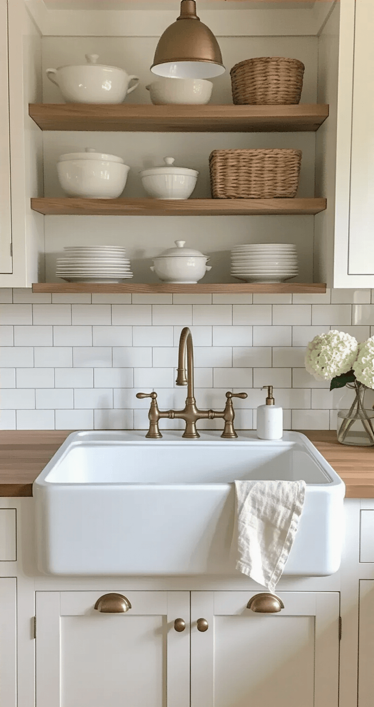 A cozy farmhouse kitchen featuring a white fireclay apron-front sink with a brushed brass bridge faucet, butcher block countertops, and a white subway tile backsplash, styled with a cream linen dish towel, a ceramic soap dispenser, and a hydrangea stem in a glass bud vase, illuminated by warm pendant lighting and soft natural light.