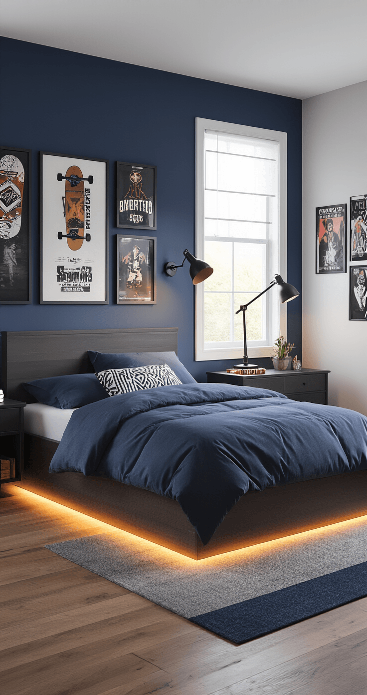 A cinematographic interior shot of a teen boy's organized bedroom featuring a navy blue accent wall behind a twin XL platform bed with dark grey bedding, geometric throw pillow, and a gallery wall of framed skateboards, sports posters, and concert memorabilia. The light grey walls enhance the spacious feel, while warm LED strips below the bed create an amber glow on the hardwood floor. Natural light streams through a window, complemented by an adjustable LED desk lamp, all captured from an angle at the bedroom doorway.