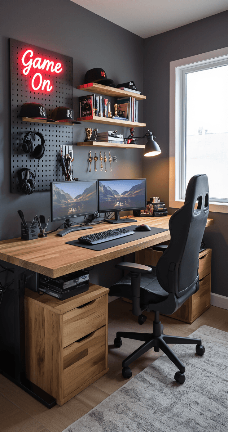 Professional interior photograph of a modern teen bedroom study zone featuring a wooden desk with dual monitors, an ergonomic chair, organized pegboard wall, floating shelves, and warm task lighting, all set in a bright, inviting atmosphere.
