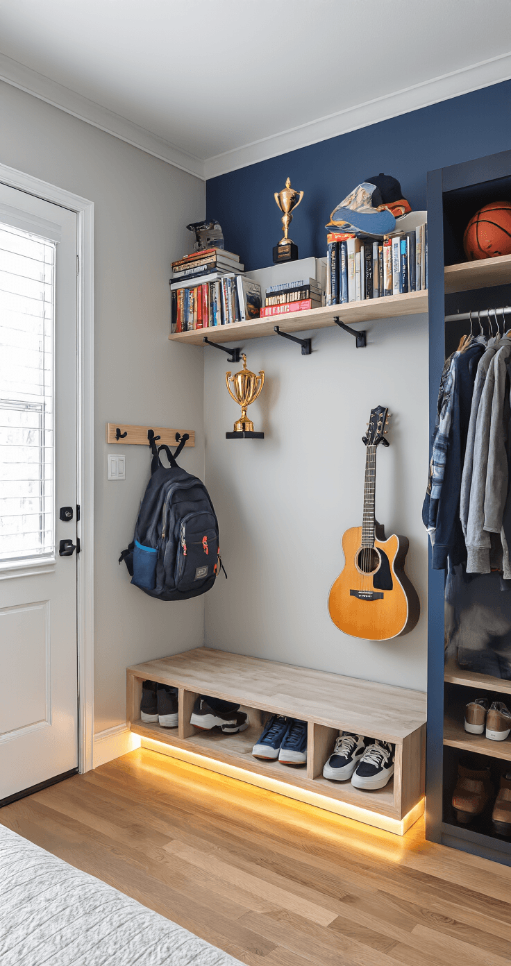Wide-angle shot of a teen bedroom featuring vertical storage solutions, including wall-mounted hooks for hoodies and backpacks, floating shelves with books and sneakers, a mounted guitar, an organized closet with double hanging rods, and a platform bed with under-bed LED lighting. The room's navy accent wall and light grey walls enhance the sense of space and depth, illuminated by natural light and warm LED strips.