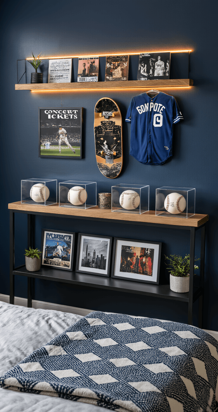 Close-up of a stylish display shelf showcasing three signed baseballs in acrylic cases, a premium skateboard deck as wall art, and two jerseys, all against a deep navy wall with subtle LED backlighting, complemented by framed concert tickets, sports photography, and album covers. The scene is warmed by afternoon light and features a geometric throw blanket and a small potted plant, illustrating a sophisticated, museum-quality presentation of teenage memorabilia.