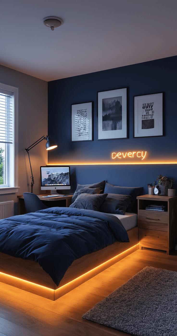 A cozy teen bedroom illuminated by a layered lighting design featuring warm LED strips under the platform bed, focused task lighting from a desk lamp, subtle wall wash from LED backlighting on a navy accent wall, and a small neon sign, creating a comfortable atmosphere for studying or relaxation.