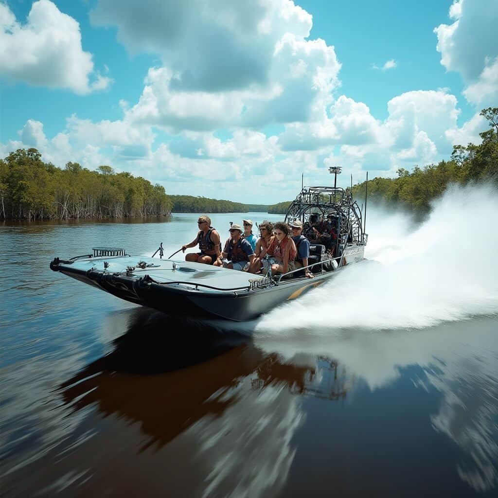 Airboat speeding in Louisiana wetlands with passengers in safety gear, fan propeller creating spray, surrounded by tupelo trees and Spanish moss under a blue sky.