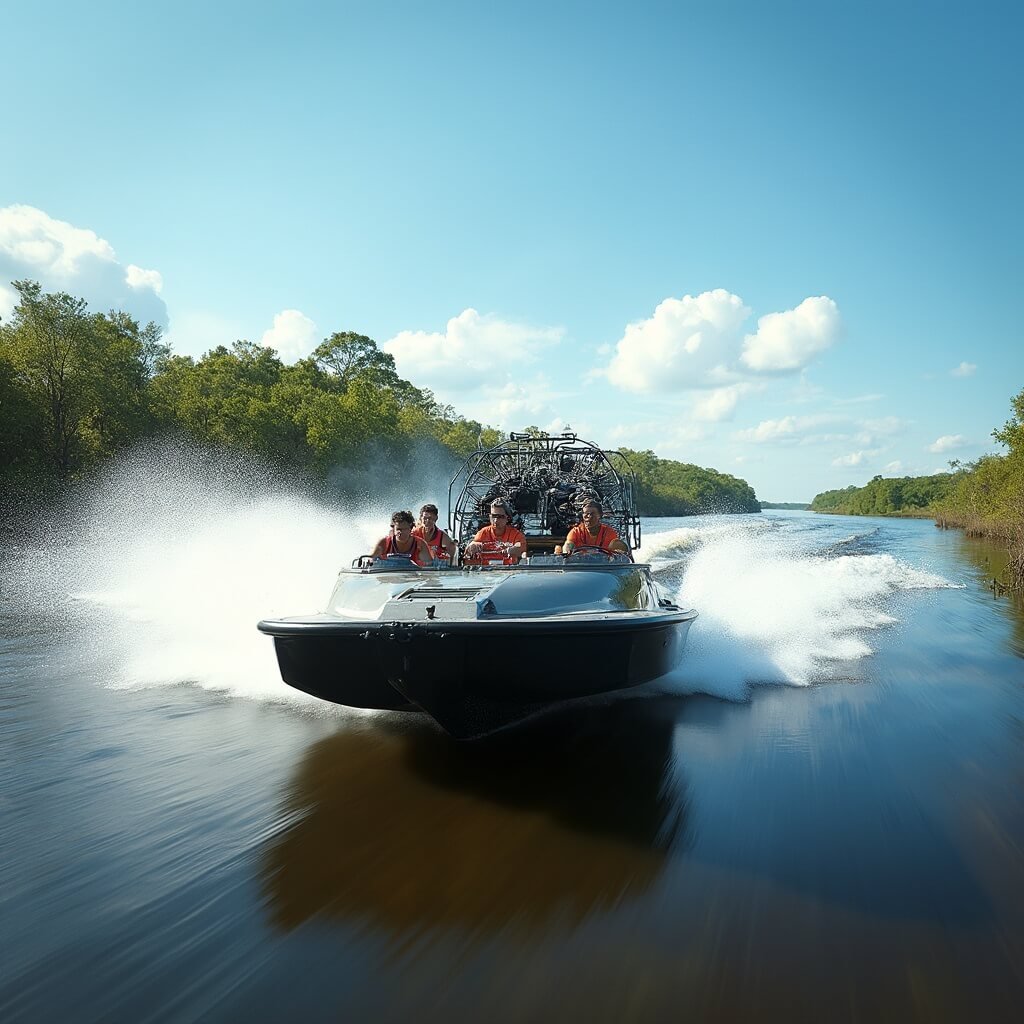Airboat racing through Louisiana wetlands, flanked by tupelo trees and vibrant blue sky, with passengers in safety gear enjoying the thrilling journey through Atchafalaya Basin
