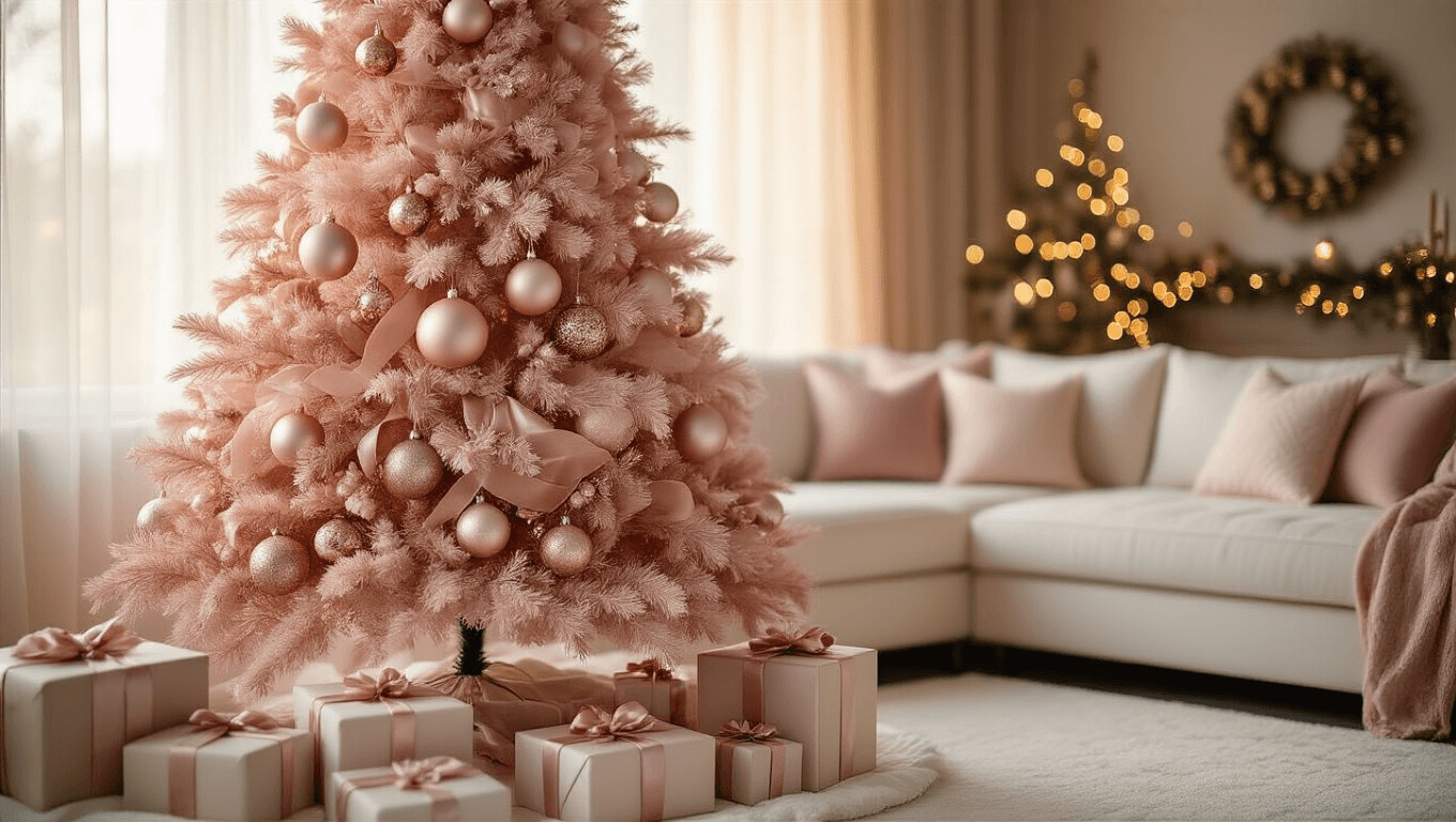 Close-up of a luxurious blush pink Christmas tree in a cozy living room, decorated with dusty rose and champagne ornaments, cascading velvet ribbons, and bokeh lights, emphasizing rich textures and a sophisticated holiday atmosphere.