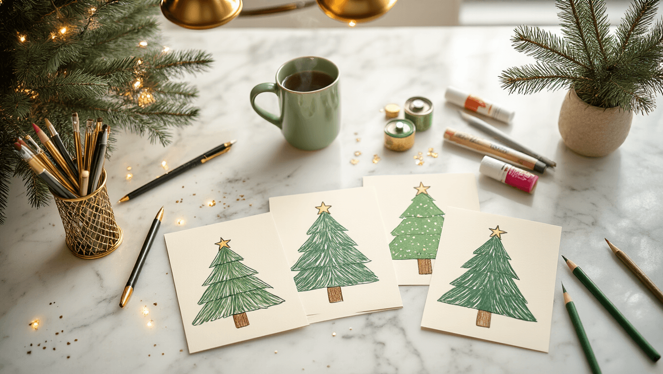 Overhead view of a bright kitchen island workspace featuring art supplies including metallic gel pens, glitter glue, fine-tip pens, and handmade holiday cards with Christmas tree drawings, set against a white marble countertop. A steaming green mug and a small potted pine branch add to the cozy atmosphere illuminated by warm pendant lighting.