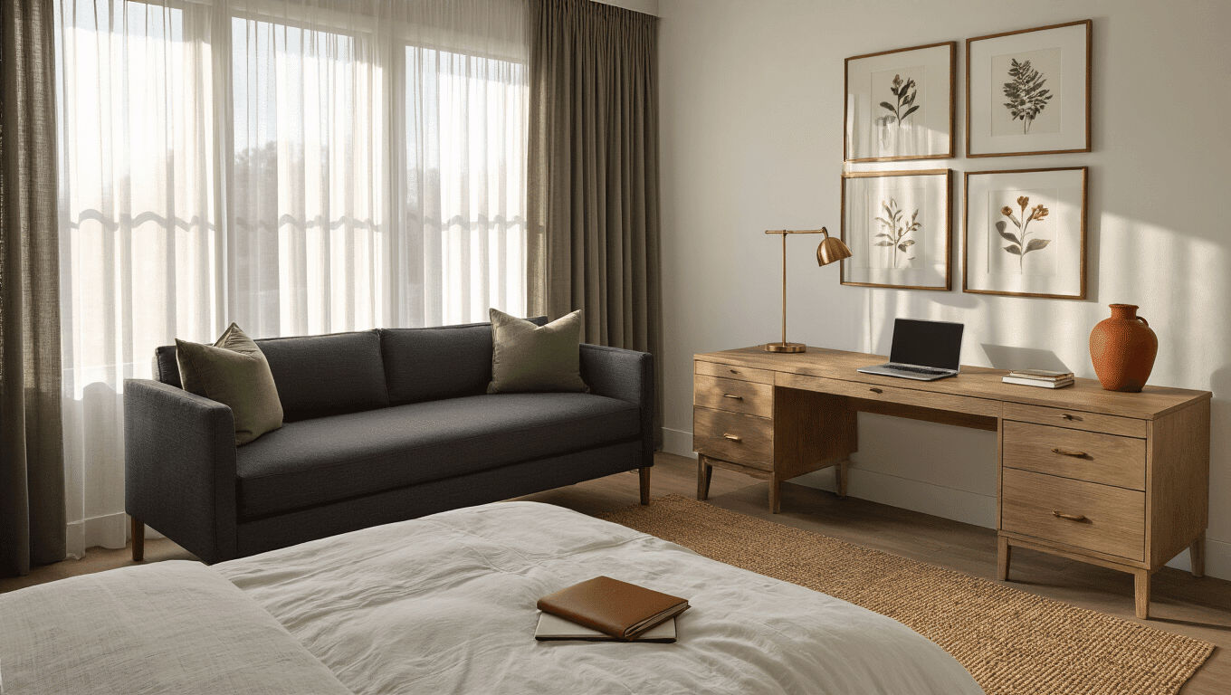 Serene dual-purpose bedroom with a charcoal sleeper sofa, warm oak desk, and golden hour light filtering through sheer linen curtains, featuring a gallery wall of botanical prints and cozy minimalist decor.