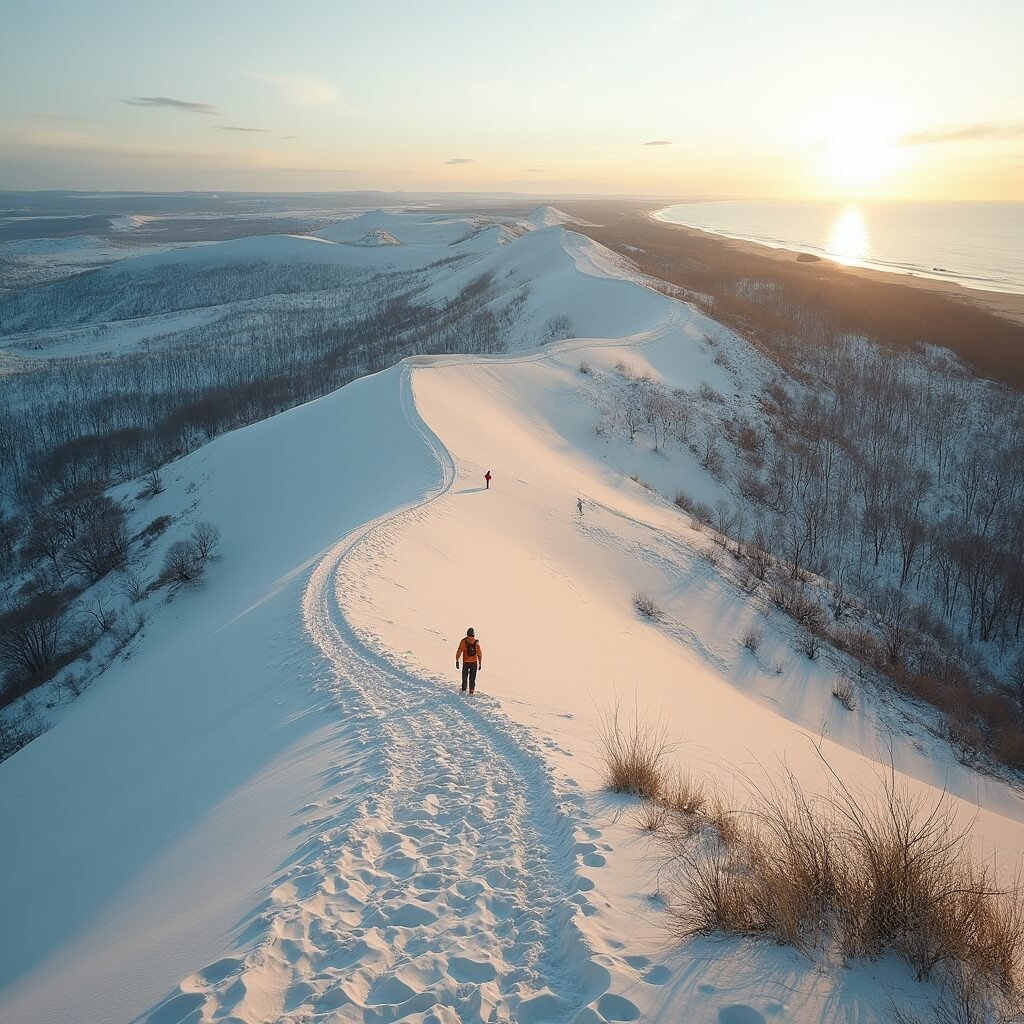 Hikers traversing the challenging Dunes Trail, with ghost forests and steep sand dunes under afternoon light leading towards the distant shoreline of Lake Michigan.