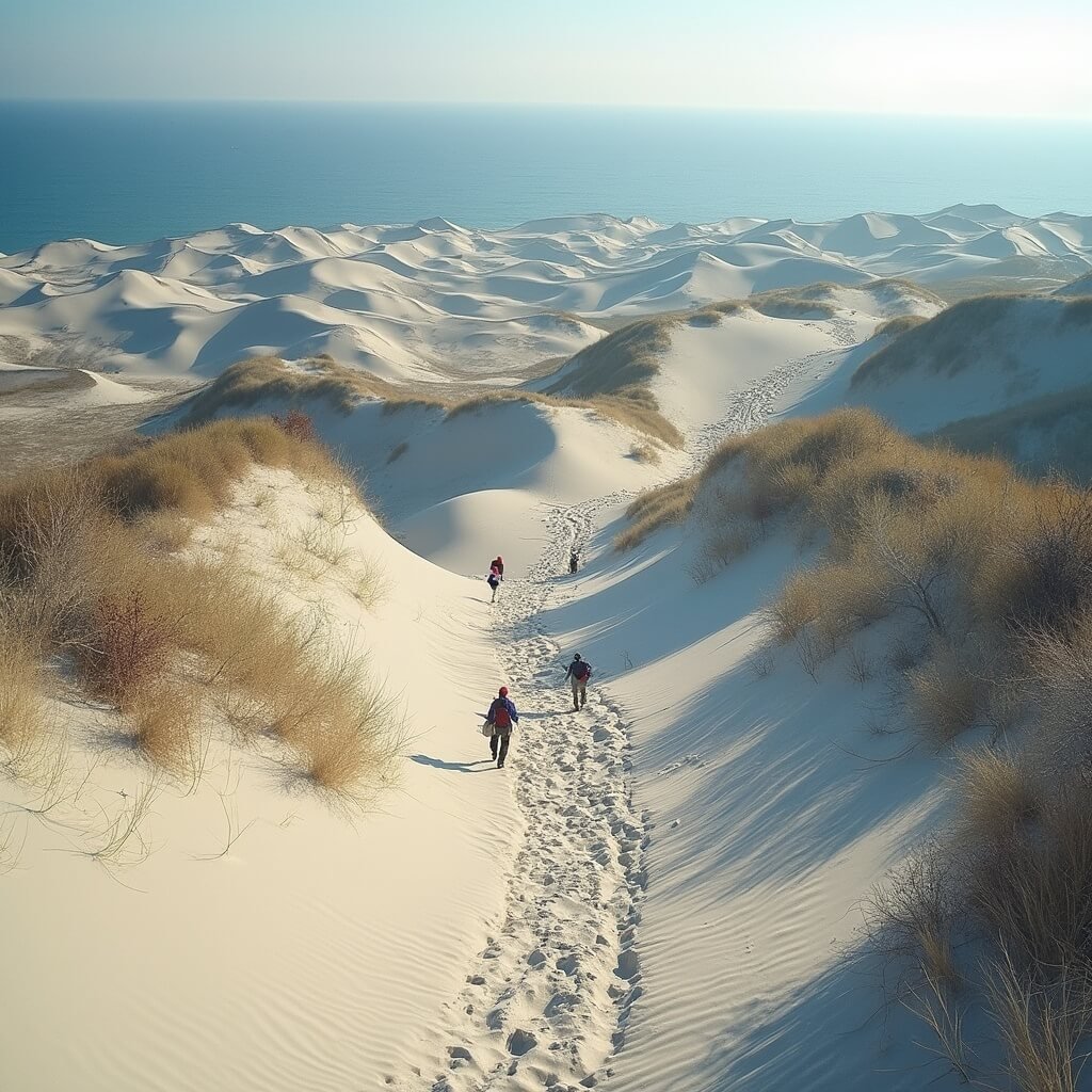 Hikers navigating the steep, rolling sand dunes of Dunes Trail under the golden afternoon light, with ghost forest remnants and distant blue glimpse of Lake Michigan's shoreline.