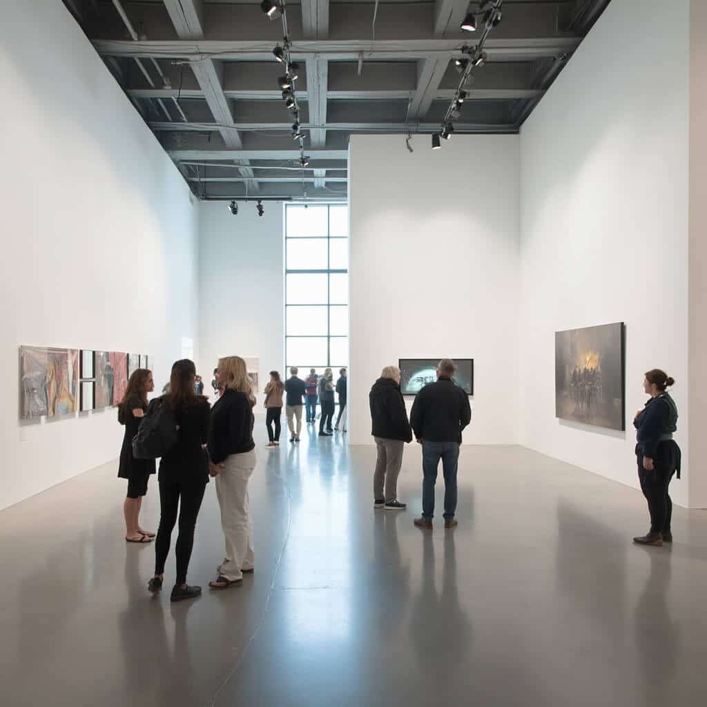 Visitors engaging with modern art installations in the minimalist, white cube space of Kemper Museum, highlighted by dramatic spotlighting and natural illumination from floor-to-ceiling windows.