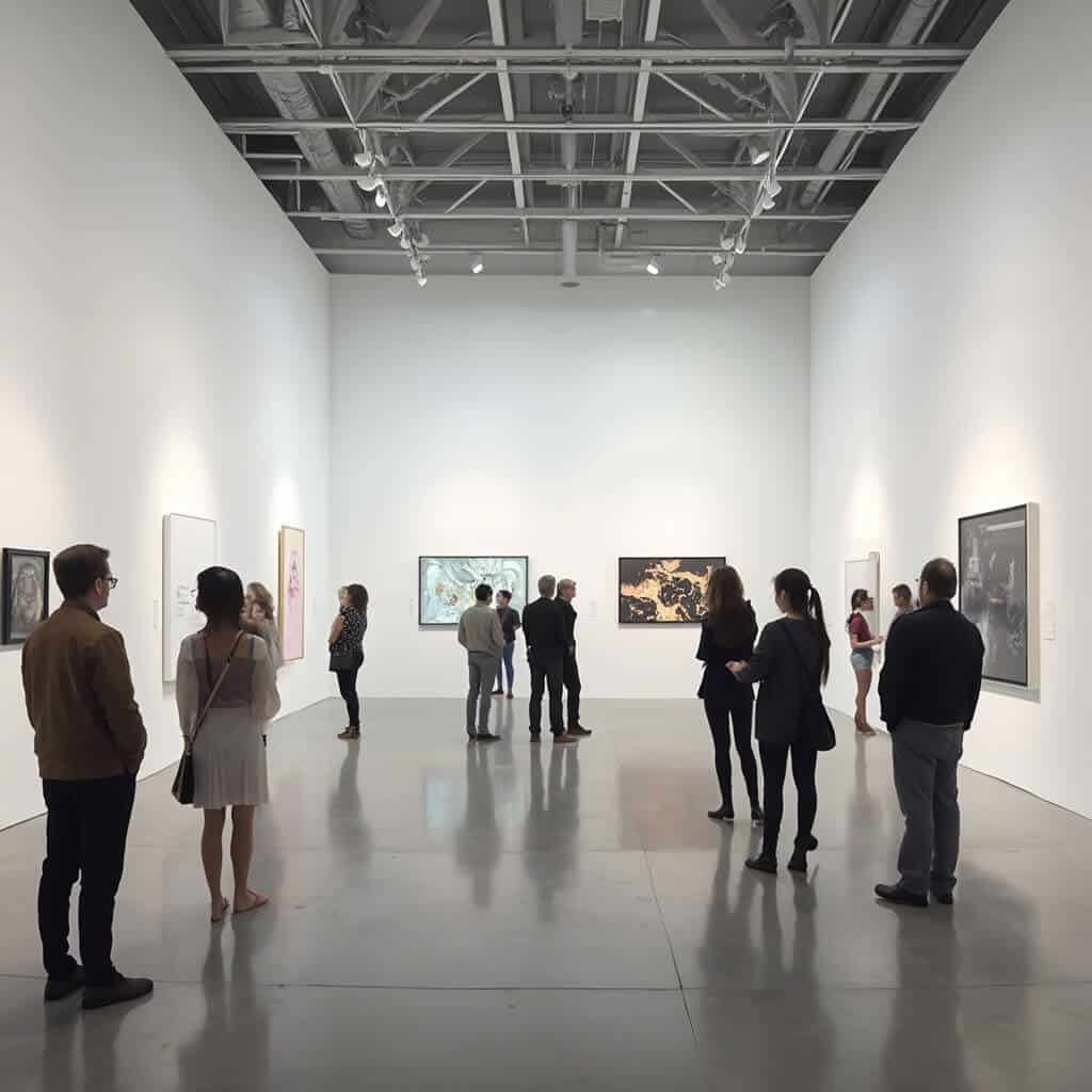 Visitors engaging with contemporary digital art in a modern, minimalist gallery space at Kemper Museum, Kansas City, highlighted by dramatic spotlighting and natural illumination from floor-to-ceiling windows.