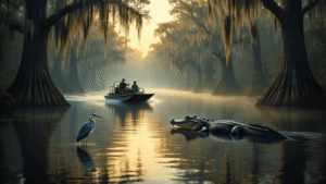 "Airboat gliding on a misty Louisiana bayou during golden hour, navigating between massive moss-draped cypress trees with a large alligator and a great blue heron nearby, under a natural canopy creating cathedral-like lighting."