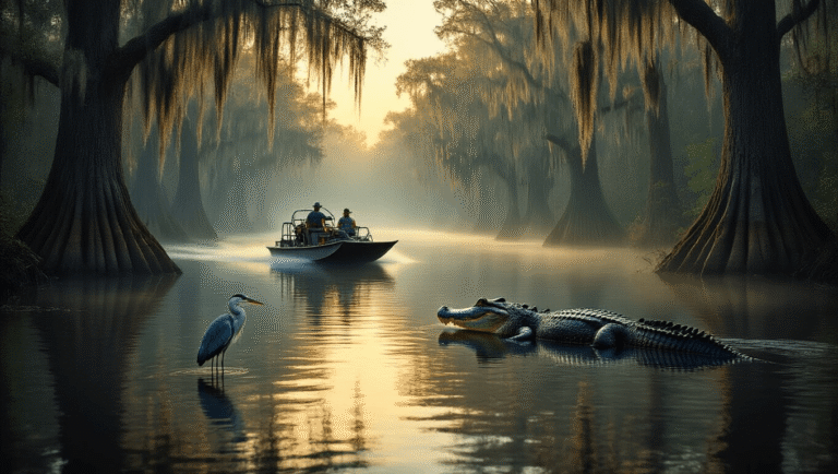 "Airboat gliding on a misty Louisiana bayou during golden hour, navigating between massive moss-draped cypress trees with a large alligator and a great blue heron nearby, under a natural canopy creating cathedral-like lighting."