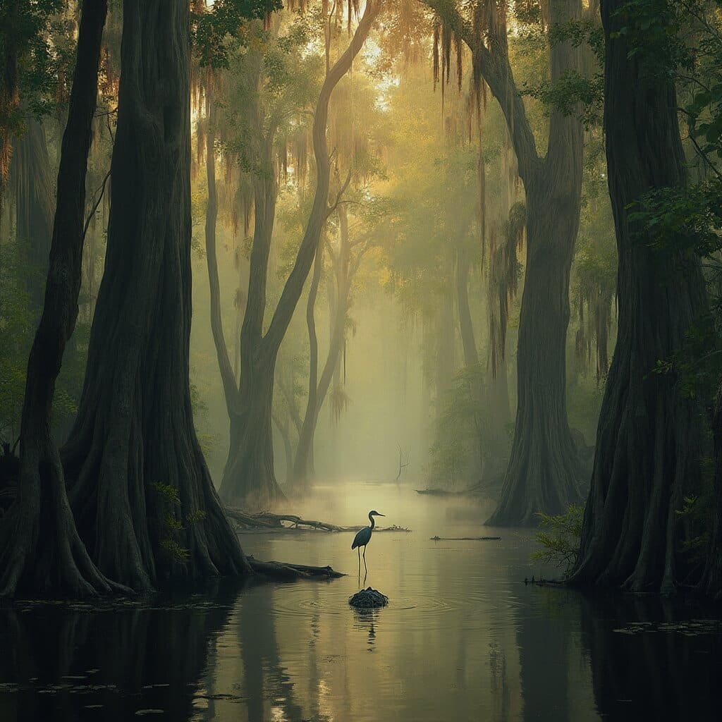 Golden sunset illuminating ancient Louisiana swamp with moss-covered cypress trees, a great blue heron, and a camouflaged alligator in Honey Island Swamp