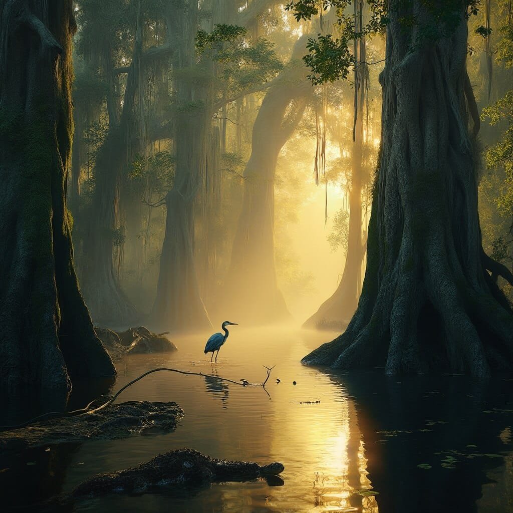 Ancient Louisiana cypress swamp during golden hour with Spanish moss, a blue heron, and a floating alligator in Honey Island Swamp
