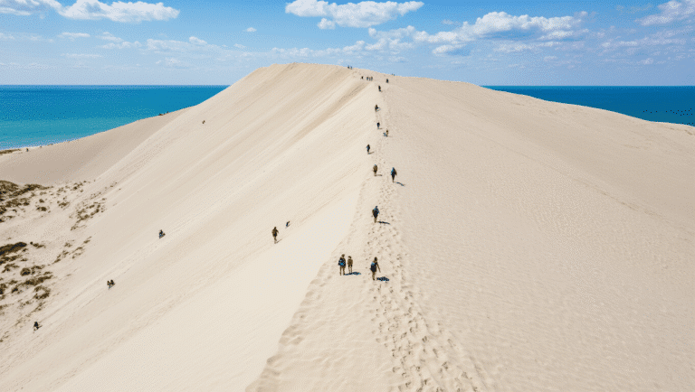 "Dramatic wide-angle shot of hikers ascending the 284 feet high, steep, white sand dune with deep blue Lake Michigan in the background, and the intense Michigan sunlight creating contrasting shadows."