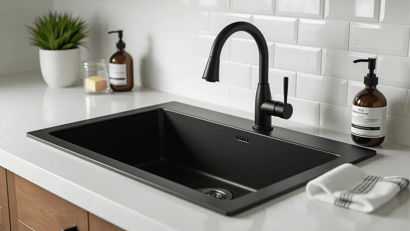 Cinematic view of a sleek undermount black granite sink with a matte black pull-down faucet, set in white quartz countertops, featuring a glass soap dispenser and microfiber cloth, with warm golden hour lighting and a white subway tile backsplash.