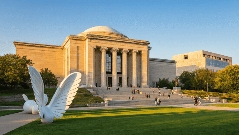 "Wide-angle shot of Nelson-Atkins Museum of Art in Kansas City with neoclassical architecture, giant shuttlecock sculptures, visitors, Bloch Building in the background during golden hour under blue sky"