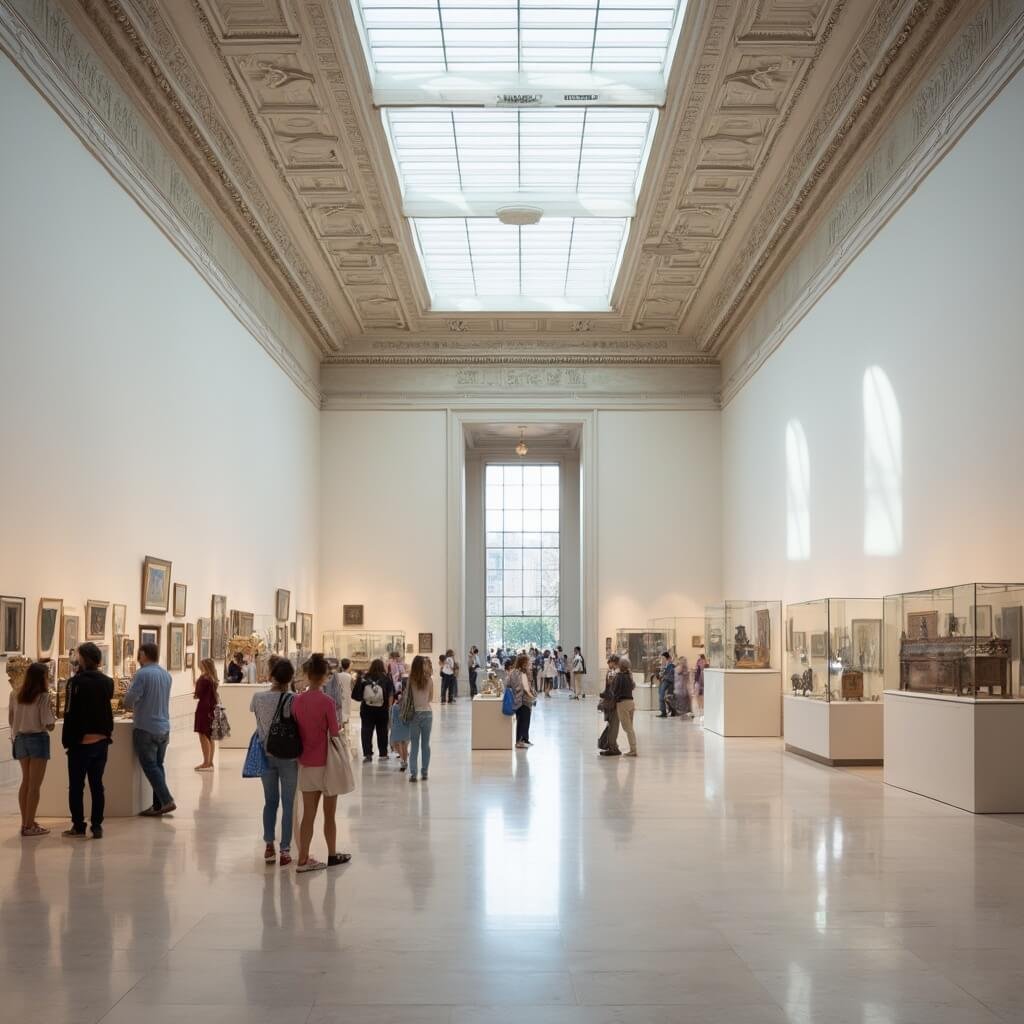 Visitors exploring the grand gallery halls of Nelson-Atkins Museum of Art, featuring a mix of ancient Chinese bronzes, European masterpieces, and contemporary American works under soft lighting.