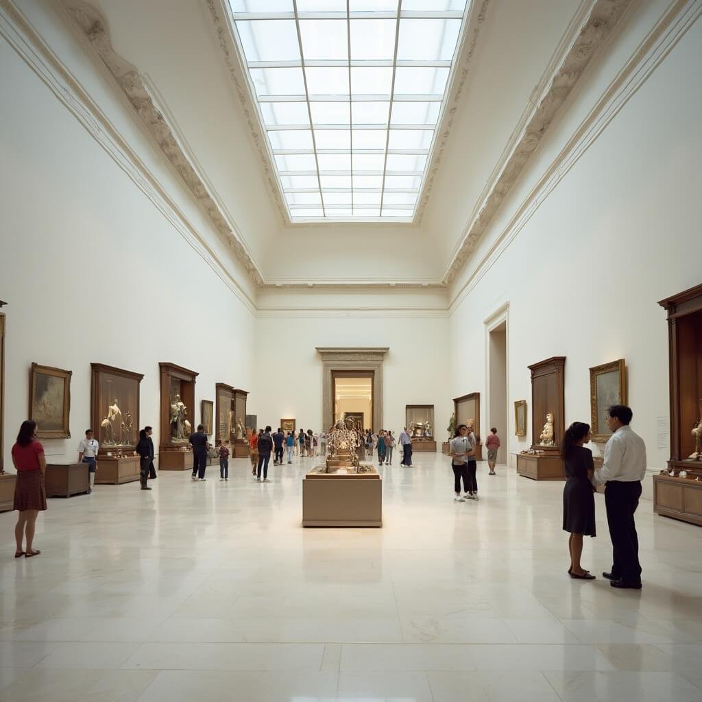 Visitors exploring the grand gallery halls of Nelson-Atkins Museum of Art, filled with ancient Chinese bronzes, European masterpieces, contemporary American works, and global art reflected on polished marble floors under soft museum lighting.
