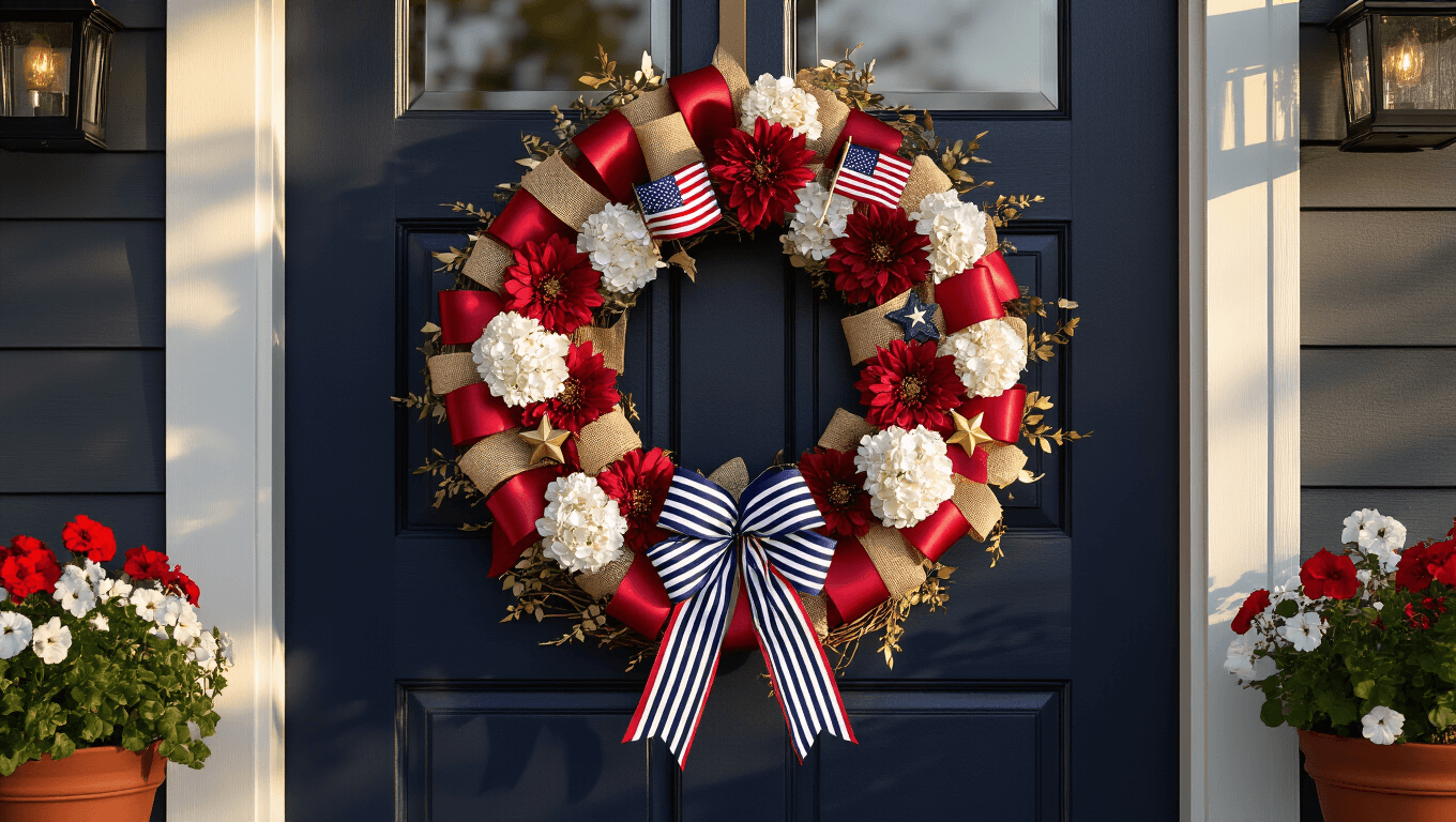 Cinematic close-up of a patriotic wreath on a dark navy front door, featuring red satin ribbons, white burlap, navy stripes, white hydrangeas, red dahlias, American flags, and warm sunlight casting shadows, creating an inviting Americana decor scene.