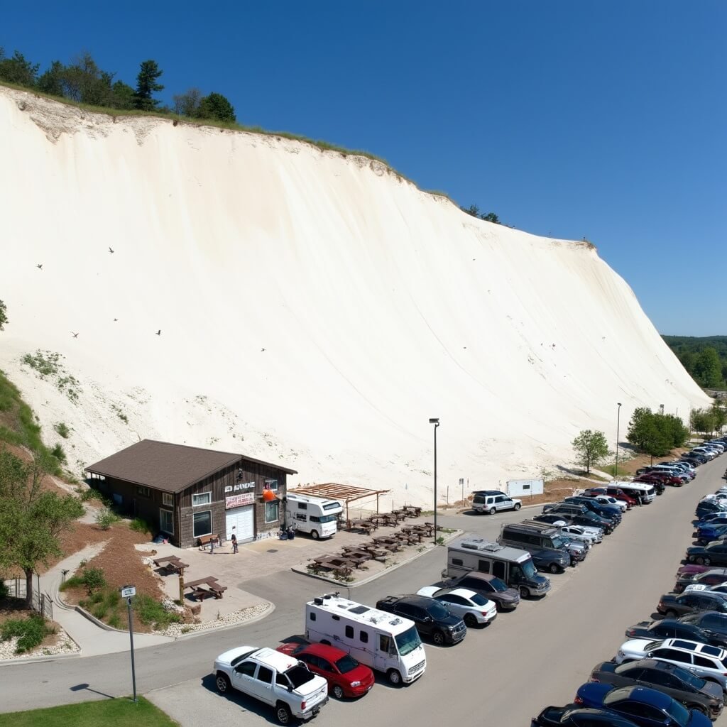 Family-friendly Sleeping Bear Dunes main Dune Climb featuring its massive 284-foot sandy slope, tiny figures climbing, and the orderly facilities at the base including the Dune Centre, restrooms, picnic tables, packed parking lot with cars and RVs, under vibrant Michigan summer lighting with deep blue sky.