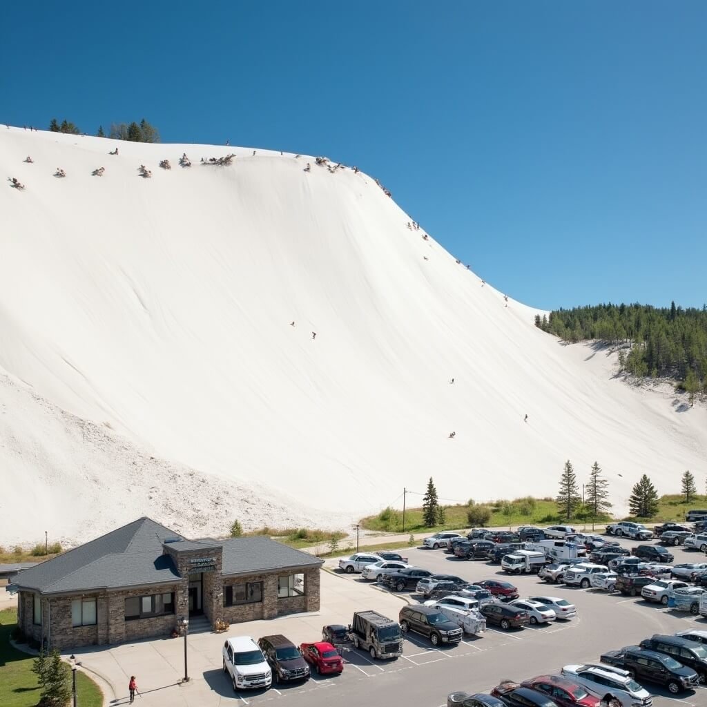 Massive white sand wall of Sleeping Bear Dunes under bright summer sky, with climbers on the slope showing scale, overlooking an organized base with Dune Centre, restrooms, picnic tables, and a parking filled with cars and RVs.