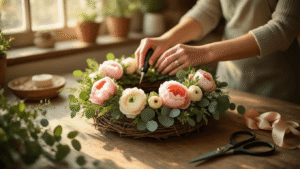 Cinematic close-up of hands arranging a spring wreath with blush peonies and cream ranunculus on a rustic wooden table, warm golden hour light illuminating the workspace, featuring a grapevine base, eucalyptus sprigs, a hot glue gun, and weathered craft scissors, with soft shadows and a cozy farmhouse kitchen background.