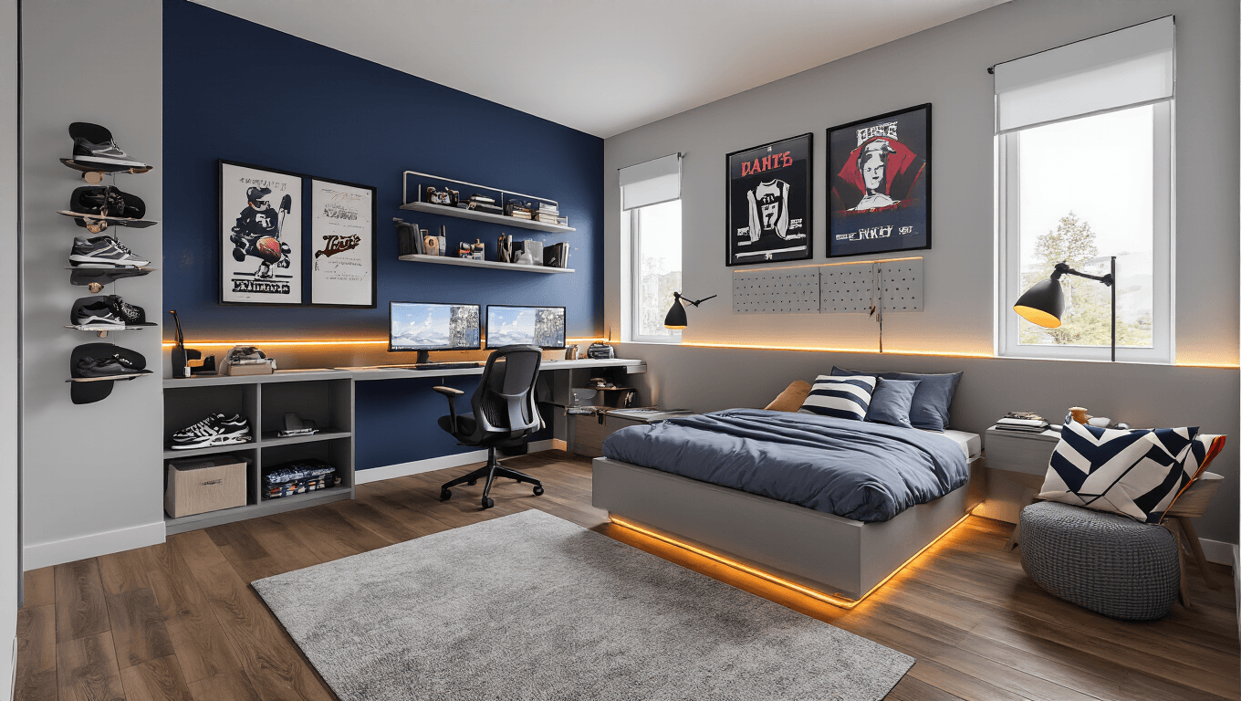 A modern teen boy's bedroom with a navy accent wall, light grey walls, platform bed with LED strip lighting, dual-monitor gaming desk, ergonomic chair, sports posters, mounted skateboard, floating shelves with sneakers and books, organized pegboard storage, and warm task lighting, illuminated by natural light streaming through the window, featuring geometric throw pillows and hardwood floors emitting an amber glow.