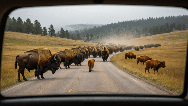 "Bison herd crossing a prairie road in Custer State Park, South Dakota at dawn, with calves grazing and a ponderosa pine forest in the distance"
