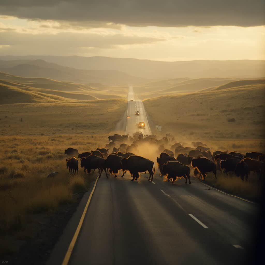Bison herd crossing a road at dawn in a misty South Dakota prairie, with calves and a waiting car with headlights on in the distance