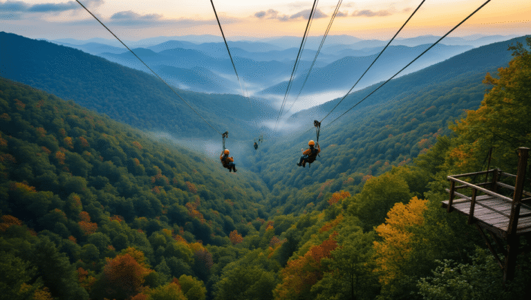 "Two zipliners gliding above a misty Blue Ridge Mountain gorge during golden hour, with a dense forest below and mountain ridges fading into blue haze"