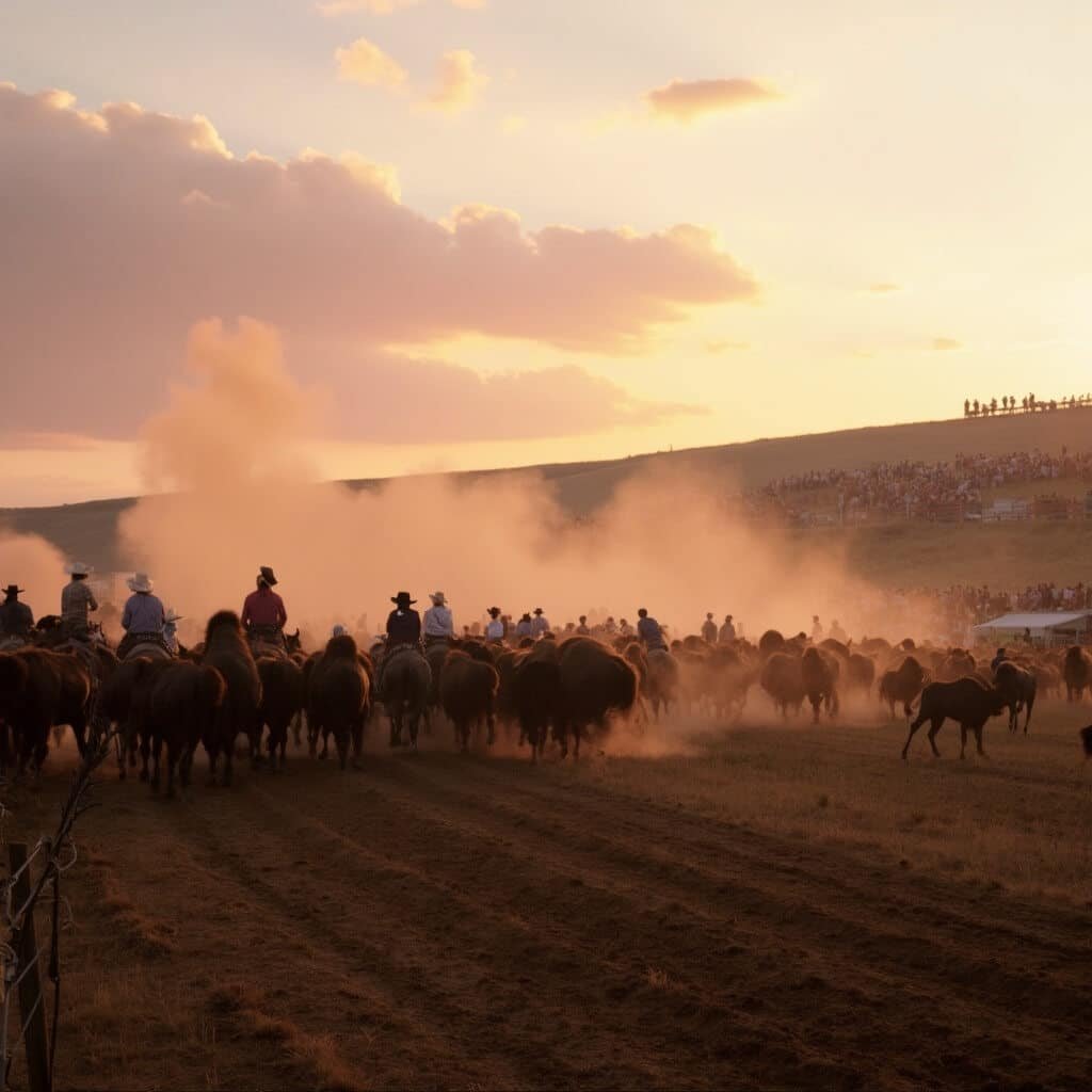 Buffalo Roundup at sunrise with dust cloud from stampeding bison, cowboys and cowgirls on horseback against pink-orange sky, spectators on hillside, in vast South Dakota landscape.