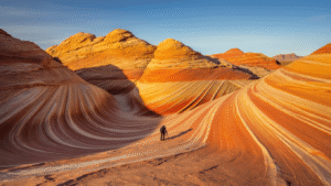 "Landscape photographer capturing the swirling red-orange sandstone waves of The Wave rock formation during golden hour, at the Arizona-Utah border."