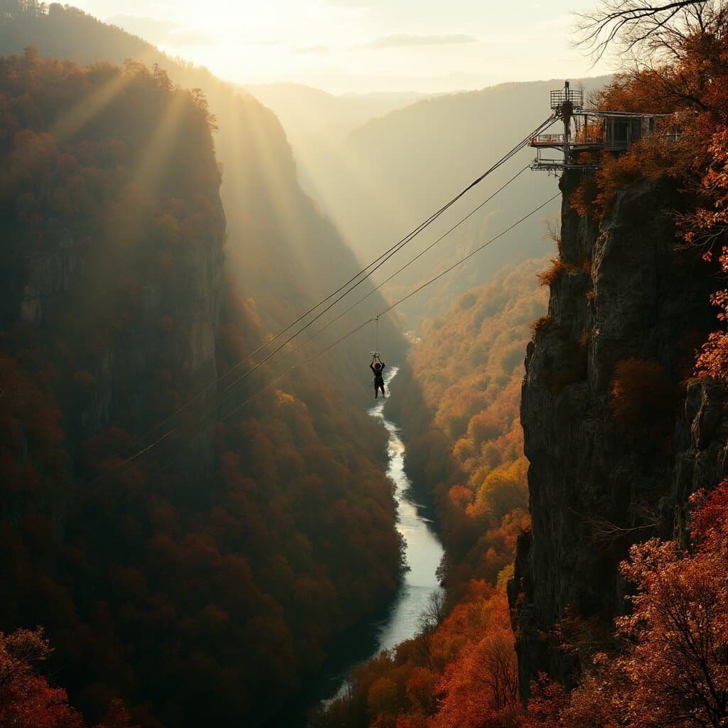 Zipline rider traversing the Green River Gorge in Saluda, North Carolina during a golden late-afternoon, with autumn-thick forest and distant sky bridge in view.