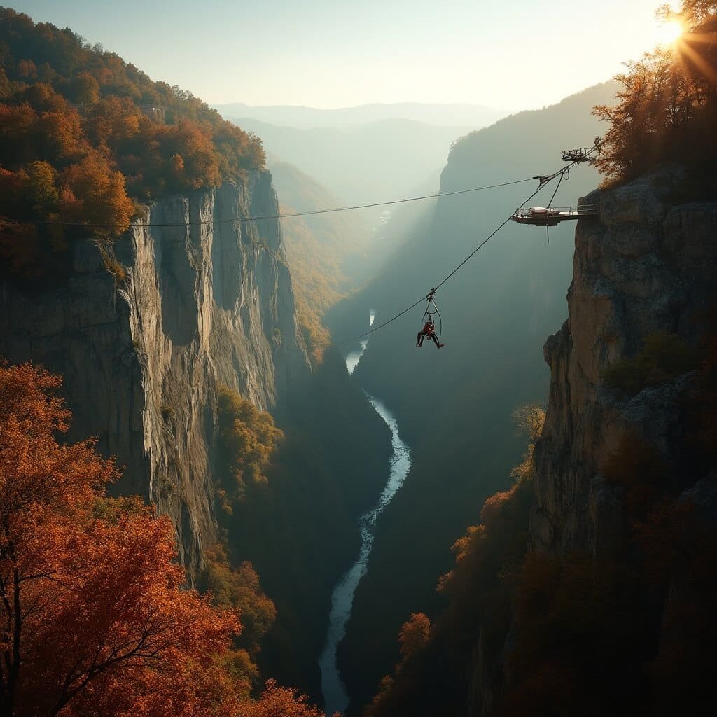 Zipline rider traversing the vast Green River Gorge in Saluda, North Carolina, under golden late-afternoon sunlight, amidst rich autumn foliage.
