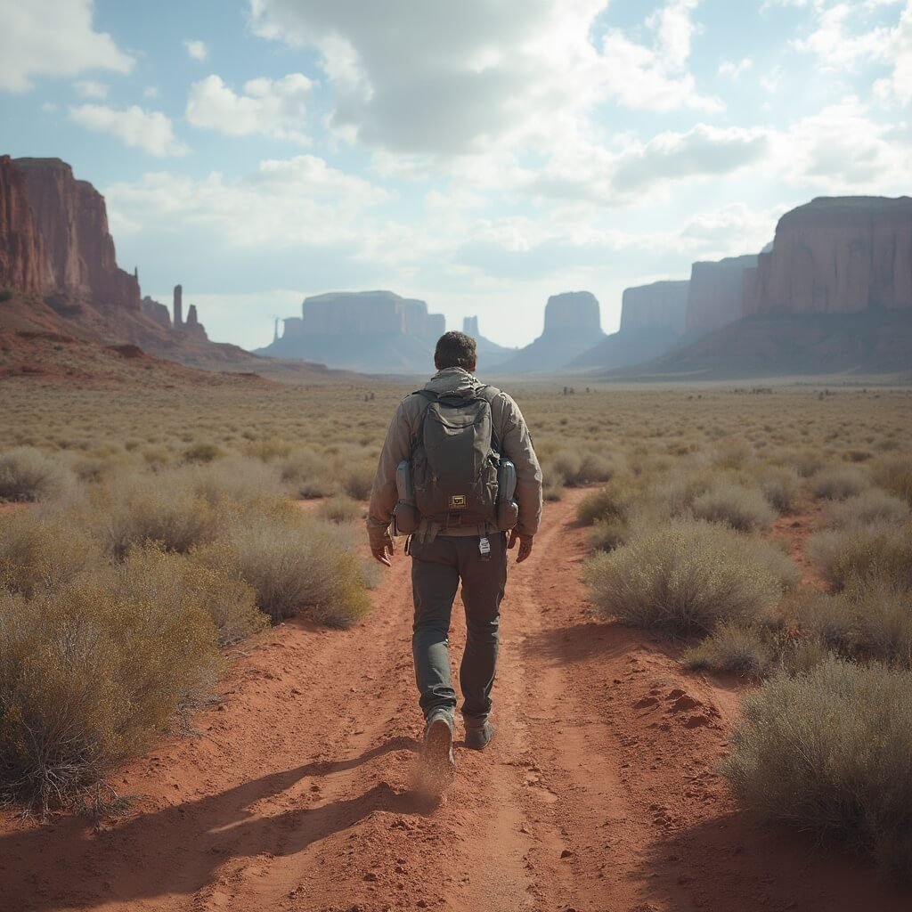 Lone hiker with permit on backpack traversing remote high-desert terrain towards Coyote Buttes North under vast sky and midday harsh light, showcasing isolation and vastness of landscape