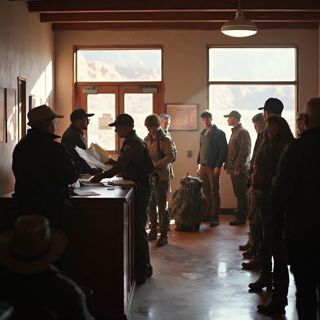 Ranger at the Page-Lake Powell HUB or Kanab Center handing out permits and maps to a small group of hikers with backpacks and hiking gear, in the early morning light shining through the windows during a safety briefing.
