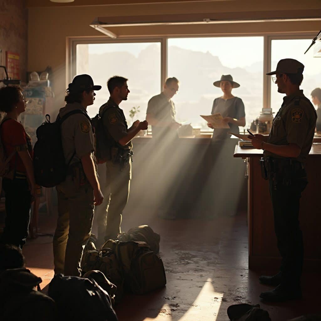 Park ranger distributing permits and maps to a small group of early morning hikers at Either Page-Lake Powell HUB or Kanab Center, surrounded by scattered backpacks and hiking gear with the window light mixing with the indoor light.
