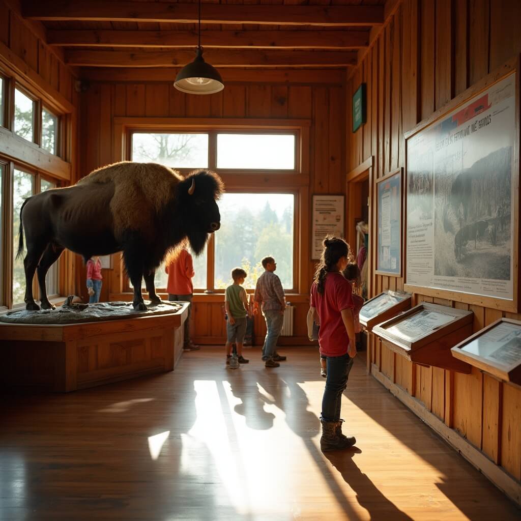 Family exploring a rustic interpretive center with exhibits about bison conservation, windows reveal Buffalo Corrals in the background