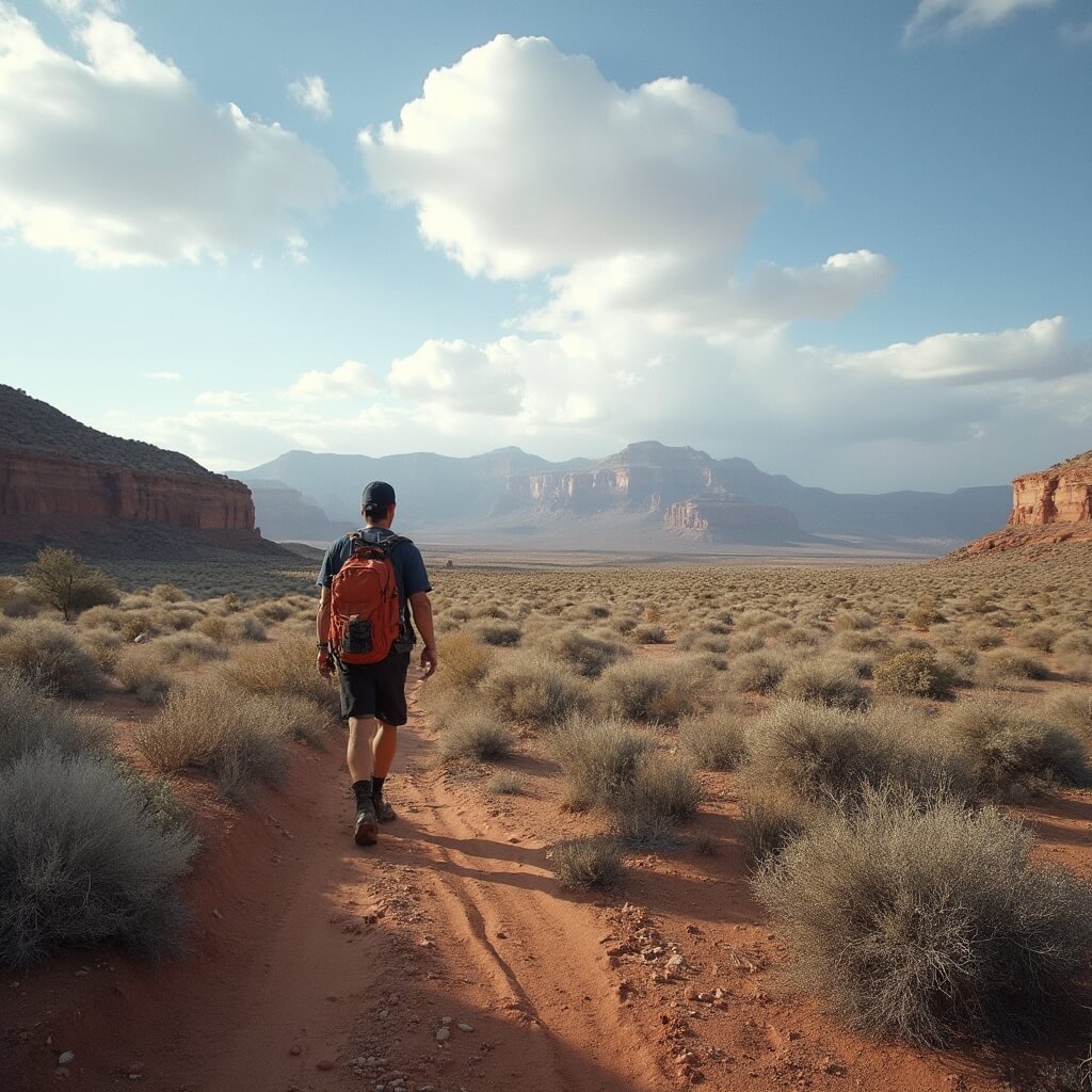 Photographing The Wave in Arizona Starts With Winning a Permit Lone hiker traversing remote high-desert terrain toward Coyote Buttes North with permit on backpack, vast landscape with scrub vegetation and distant vermilion cliffs under cloudy sky, illustrating isolation and navigational challenge
