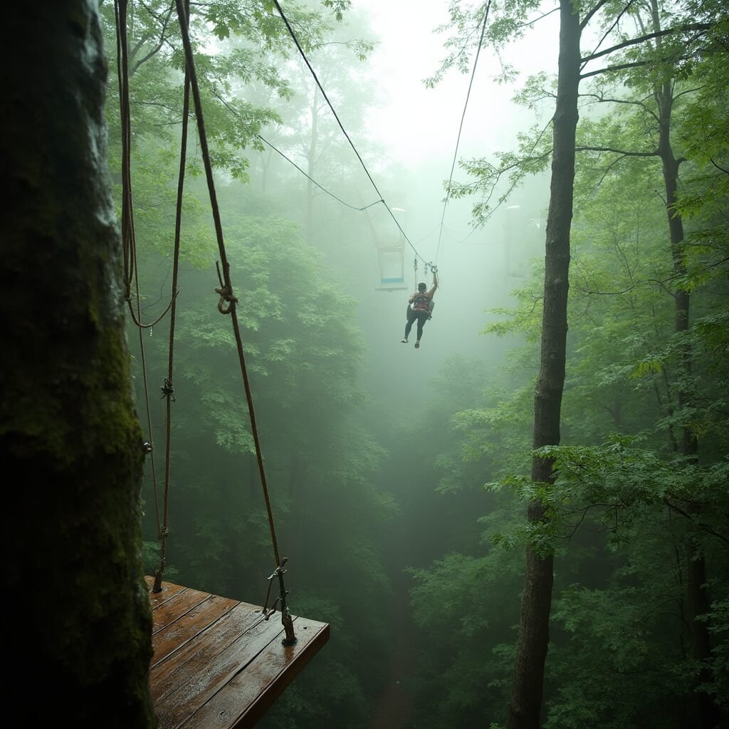 Zipliner mid-air amidst misty mountain cove in Marshall, North Carolina, with rain-slicked platform, rustic treetop walkway and distant treehouse deck in soft overcast light.